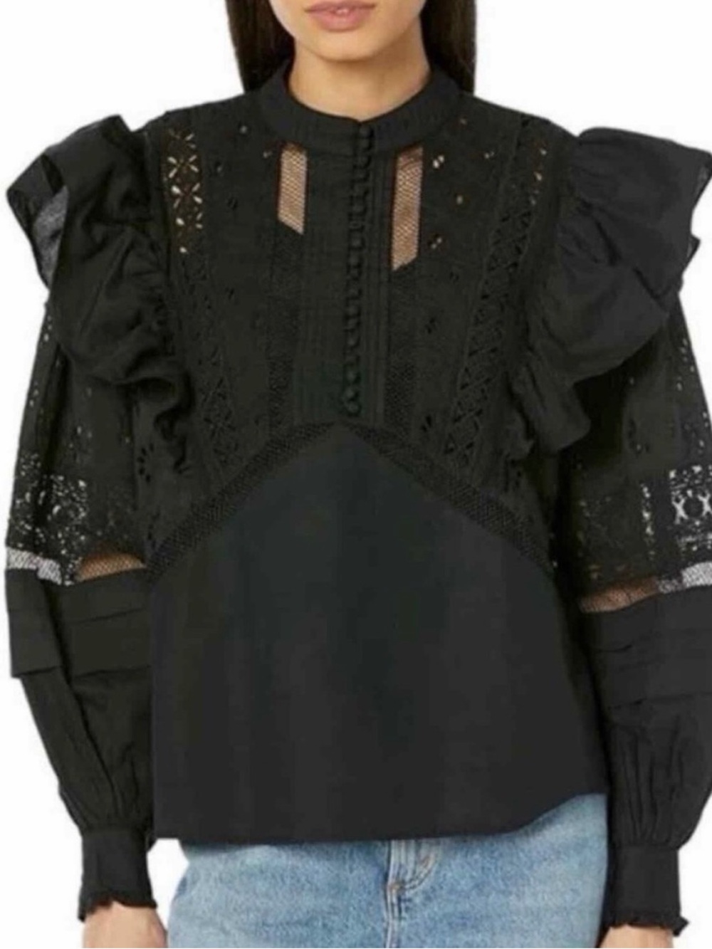 🔥AllSaints Black Lace Prim Brodiere Ruffle Sleeve Blouse🔥